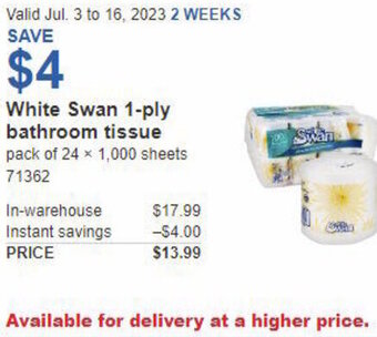 Costco White Swan 1-ply bathroom tissue pack of 24 x 1,000 sheets 71362 offer
