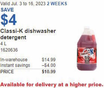 Costco Classi-K dishwasher detergent 4 L offer