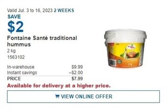 Costco Fontaine Santé traditional hummus 2 kg offer