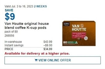 Costco Van Houtte original house blend coffee K-cup pods pack of 80 offer