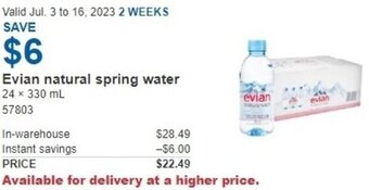 Costco Evian natural spring water 24 x 330 mL offer