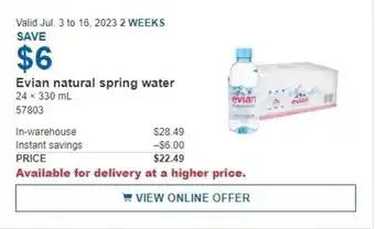 Costco Evian natural spring water 24 x 330 mL offer