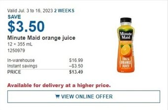 Costco Minute Maid orange juice 12 x 355 mL offer