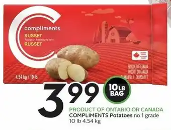 Sobeys PRODUCT OF ONTARIO OR CANADA COMPLIMENTS Potatoes no 1 grade 10 LB BAG offer