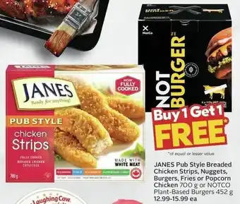 Sobeys JANES Pub Style Breaded Chicken Strips, Nuggets, Burgers, Fries or Popcorn Chicken 700 g or NOTCO Plant-Based Burgers 452 g offer