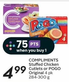 Sobeys COMPLIMENTS Stuffed Chicken Cutlets or POGO Original 4 pk 284-300 g offer