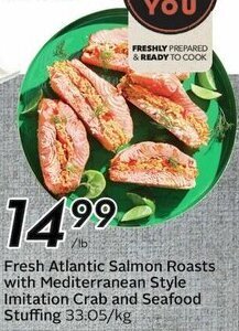 Sobeys Fresh Atlantic Salmon Roasts with Mediterranean Style Imitation Crab and Seafood Stuffing 33.05/kg offer