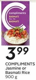 Sobeys COMPLIMENTS Jasmine or Basmati Rice 900 g offer