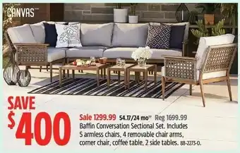Canadian Tire Baffin Conversation Sectional Set. Includes 5 armless chairs, 4 removable chair arms, corner chair, coffee table offer