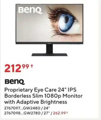 Staples BenQ Proprietary Eye Care 24" IPS Borderless Slim 1080p Monitor with Adaptive Brightness offer