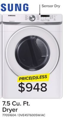 Leon's Samsung white front load electric dryer with shallow depth (7.5 cu.ft) - dve45t6005w/ac offer