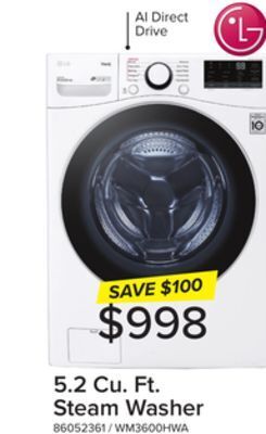 Leon's Lg white smart wi-fi enabled steam front load washer with ai direct drive technology (5.2 cu.ft) wm3600hwa offer