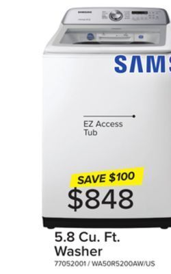 Leon's Samsung white top load washer with active water jet faucet and ez access tub (5.8 cu.ft) - wa50r5200aw/us offer