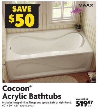 Home Hardware Cocoon® acrylic bathtubs offer
