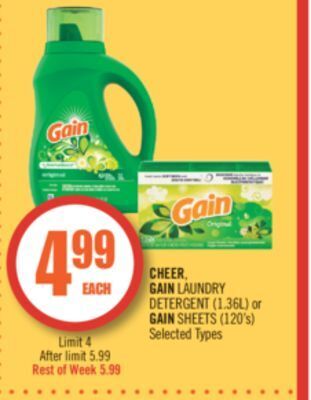 Shoppers Drug Mart Cheer, gain laundry detergent (1.36l) or gain sheets (120's) offer