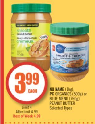 Shoppers Drug Mart No name (1kg), pc organics (500g) or blue menu (750g) peanut butter offer