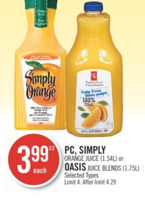 Shoppers Drug Mart Pc simply orange juice (1.54l) or oasis juice blends (1.75l) offer