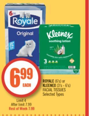 Shoppers Drug Mart Royale (6's) or kleenex (3's - 6's) facial tissues offer