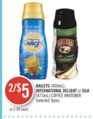 Shoppers Drug Mart Baileys (400ml), international delight or silk (473ml) coffee whitener offer