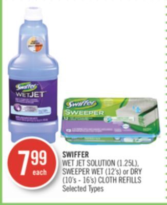 Shoppers Drug Mart Swiffer wet jet solution (1.25l), sweeper wet (12's) or dry (10's - 16's) cloth refills offer