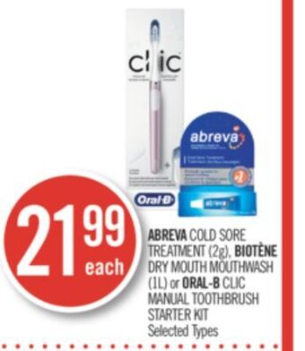 Shoppers Drug Mart Abreva cold sore treatment (2g), biotène dry mouth mouthwash (1l) or oral-b clic manual toothbrush starter kit offer