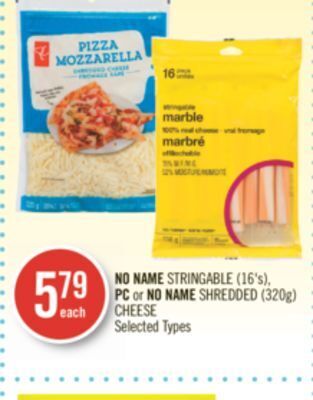 Shoppers Drug Mart No name stringable (16's), pc or no name shredded (320g) cheese offer