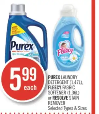 Shoppers Drug Mart Purex laundry detergent (1.47l) fleecy fabric softener (1.36) or resolve stain remover offer