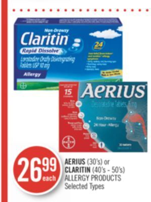 Shoppers Drug Mart Aerius (30's) or claritin (40's - 50's) allergy products offer