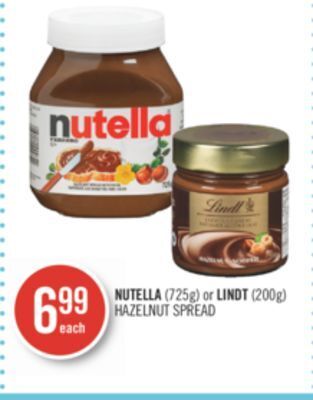 Shoppers Drug Mart Nutella (725g) or lindt (200g) hazelnut spread offer