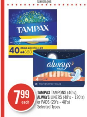 Shoppers Drug Mart Tampax tampons (40's), always liners (48's - 120's) or pads (20's - 48's) offer