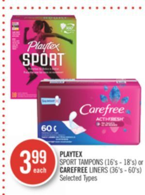 Shoppers Drug Mart Playtex sport tampons (16's - 18's) or carefree liners (36's - 60's) offer