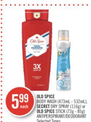 Shoppers Drug Mart Old spice body wash (473ml - 532ml), secret dry spray (116g) or old spice stick (73g - 85g) antiperspirant/deodorant offer
