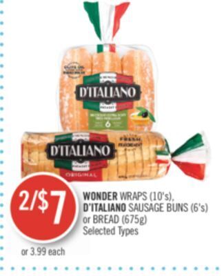 Shoppers Drug Mart Wonder wraps (10's), d'italiano sausage buns (6's) or bread (675g) offer