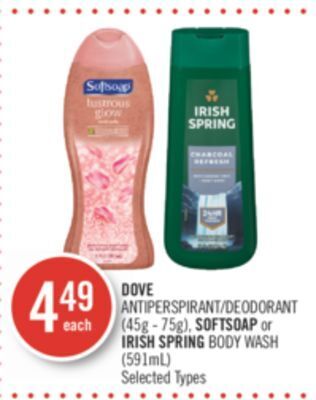 Shoppers Drug Mart Dove antiperspirant/deodorant (45g - 75g), softsoap or irish spring body wash (591ml) offer