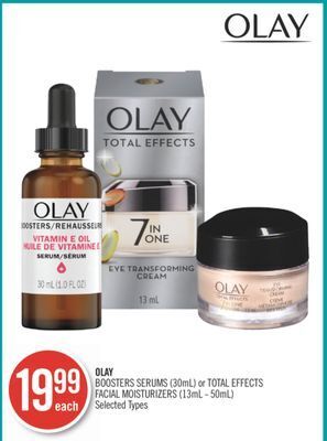 Shoppers Drug Mart Olay boosters serums (30ml) or total effects facial moisturizers (13ml - 50ml) offer
