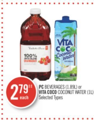 Shoppers Drug Mart Pc beverages (1.89l) or vita coco coconut water (1l) offer