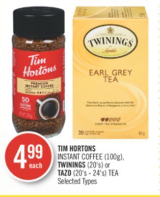 Shoppers Drug Mart Tim hortons instant coffee (100g), twinings (20's) or tazo (20's - 24's) tea offer
