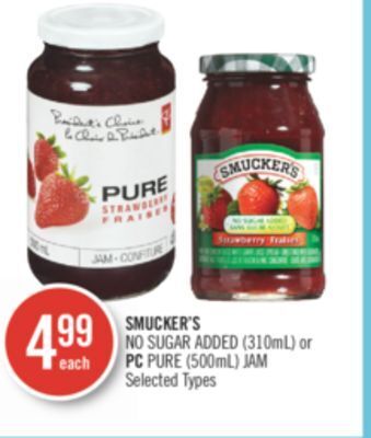Shoppers Drug Mart Smucker's no sugar added (310ml) or pc pure (500ml) jam offer