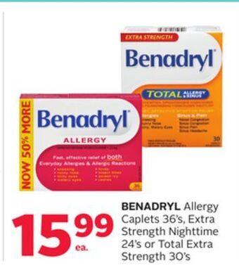 Rexall Benadryl allergy caplets 36's, extra strength nighttime 24's or total extra strength 30's offer