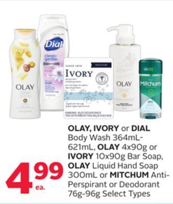 Rexall Olay, ivory or dial body wash 364ml-621ml, olay 4x90g or ivory 10x90g bar soap, olay liquid hand soap 300ml or mitchum anti-p offer