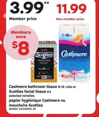 Independent City Market Papier hygiénique cashmere, 8=16 rolls ou mouchoirs scotties, 6's offer