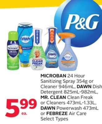 Rexall Microban 24 hour sanitizing spray 354g or cleaner 946ml, dawn dish detergent 825ml-982ml, mr. clean clean freak or cleaners 4 offer