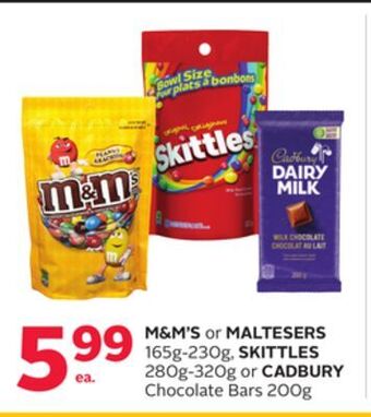 Rexall M&m's or maltesers 165g-230g, skittles 280g-320g or cadbury chocolate bars 200g offer