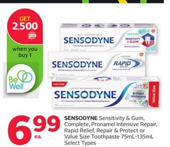 Rexall Sensodyne sensitivity & gum, complete, pronamel intensive repair, rapid relief, repair & protect or value size toothpaste offer