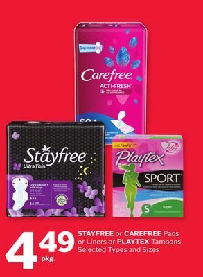 Rexall Stayfree or carefree pads or liners or playtex tampons offer