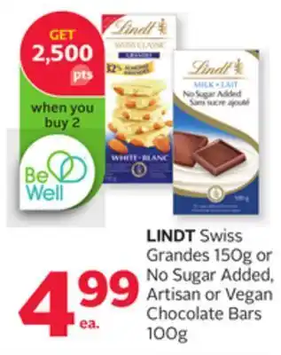 Rexall Lindt swiss grandes 150g or no sugar added, artisan or vegan chocolate bars 100g offer