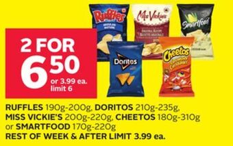 Rexall Ruffles 190g-200g, doritos 210g-235g, miss vickie's 200g-220g, cheetos 180g-310g or smartfood 170g-220g offer
