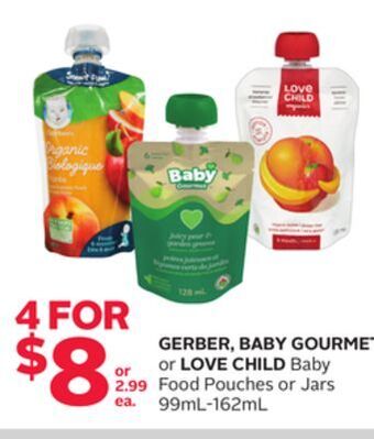 Rexall Gerber, baby gourmet or love child baby food pouches or jars offer