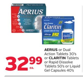 Rexall Aerius or dual action tablets 30's or claritin tablets or rapid dissolve tablets 50's or liquid gel capsules 40's offer