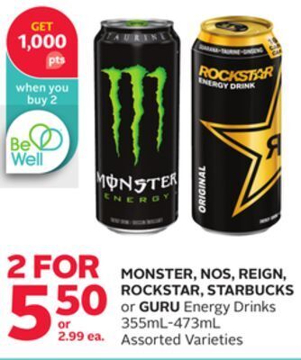 Rexall Monster, nos, reign, rockstar, starbucks or guru energy drinks offer